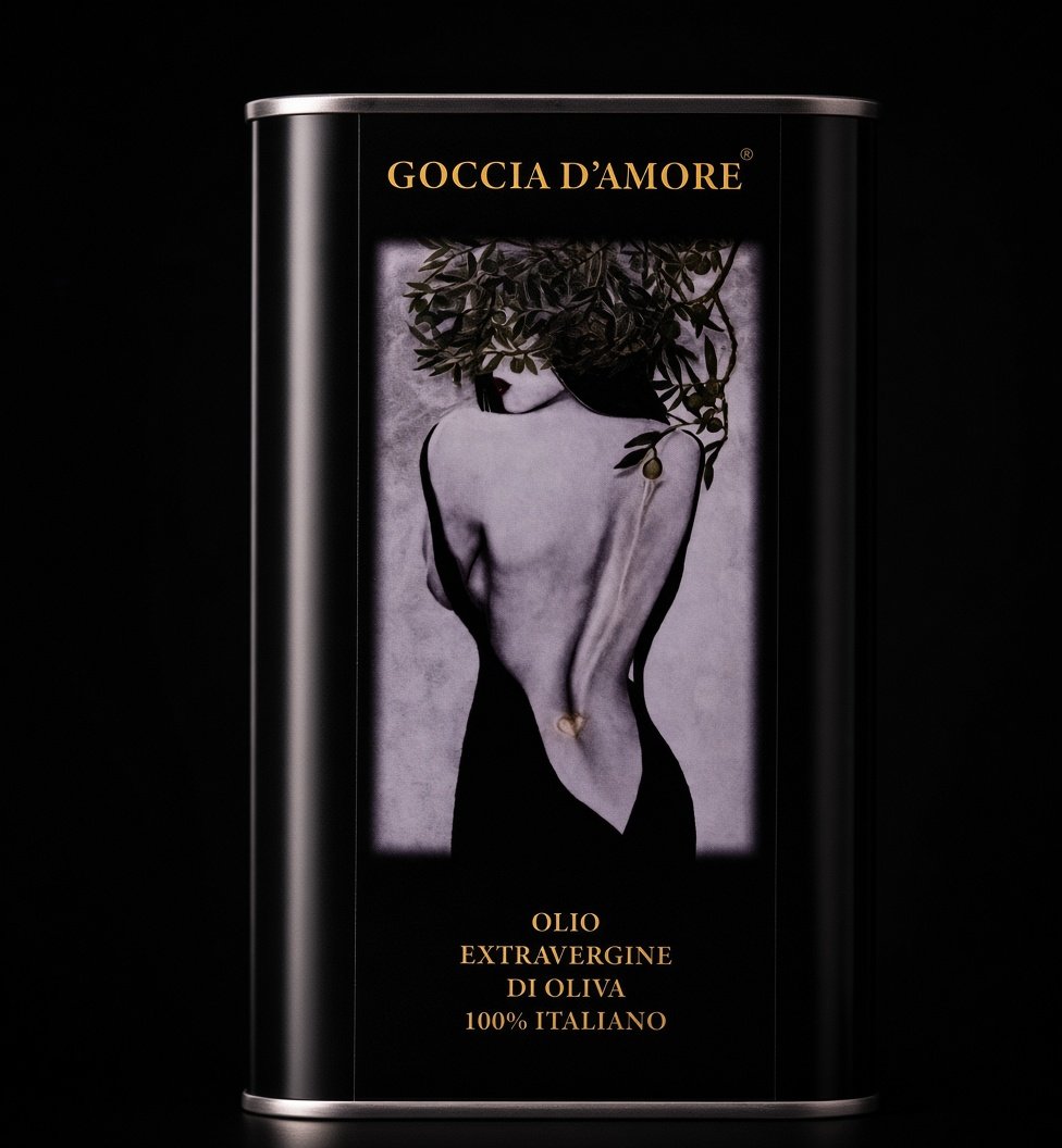 Latta originale Goccia d’amore: confezione nera con grafica figurativa e scritte dorate